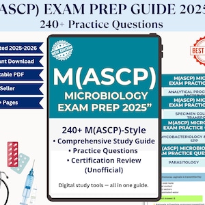 May include: A teal and white exam prep guide for the M(ASCP) Microbiology exam. The cover features the title "M(ASCP) Microbiology Exam Prep 2025" and includes practice questions and a study guide. The book is a top seller and offers instant download and a printable PDF.