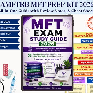 May include: A digital study guide for the AMFTRB MFT exam, titled "MFT Exam Study Guide 2026." The cover features a purple and white design with the exam title and a brain graphic. Includes review notes, cheat sheets, and practice questions.