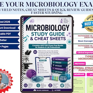 Puede incluir: Un paquete de guías de estudio y hojas de trucos de microbiología para estudiantes y profesionales de laboratorio. La guía incluye temas como bacteriología, virología y micología. La imagen también incluye un microscopio, placas de Petri y una pila de libros.