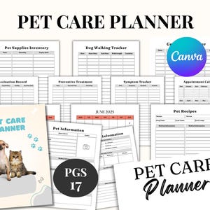 May include: A Pet Care Planner with various pages for pet owners. Includes sections for pet supplies, dog walking, vaccination records, and recipes. The cover features a dog and cat illustration with the text "Pet Care Planner."