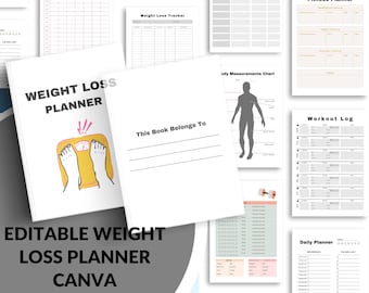 Editable Weight Loss Planner Canva Template | Fitness & Nutrition Tracker | Printable Wellness Journal for Canva