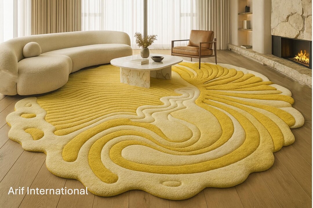 Pie Shape Rug Modern Sculpted High Pile Round Rug – Mustard & Beige Art Pattern - Etsy