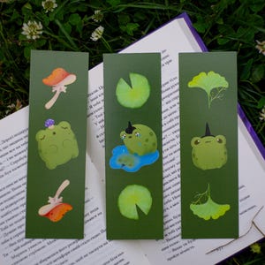 Frog Bookmark Set – 3 Cute Froggy Bookmarks with Mushrooms & Plants | Cottagecore Reading Accessories