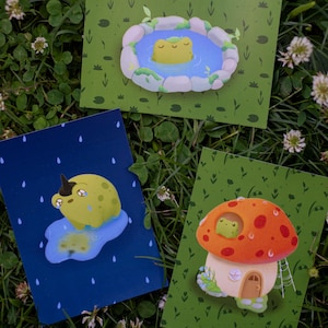 Frog Postcard Set – 3 Whimsical A6 Art Prints | Cottagecore Frogs in Mushrooms, Ponds & Rain