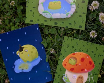 Frog Postcard Set – 3 Whimsical A6 Art Prints | Cottagecore Frogs in Mushrooms, Ponds & Rain