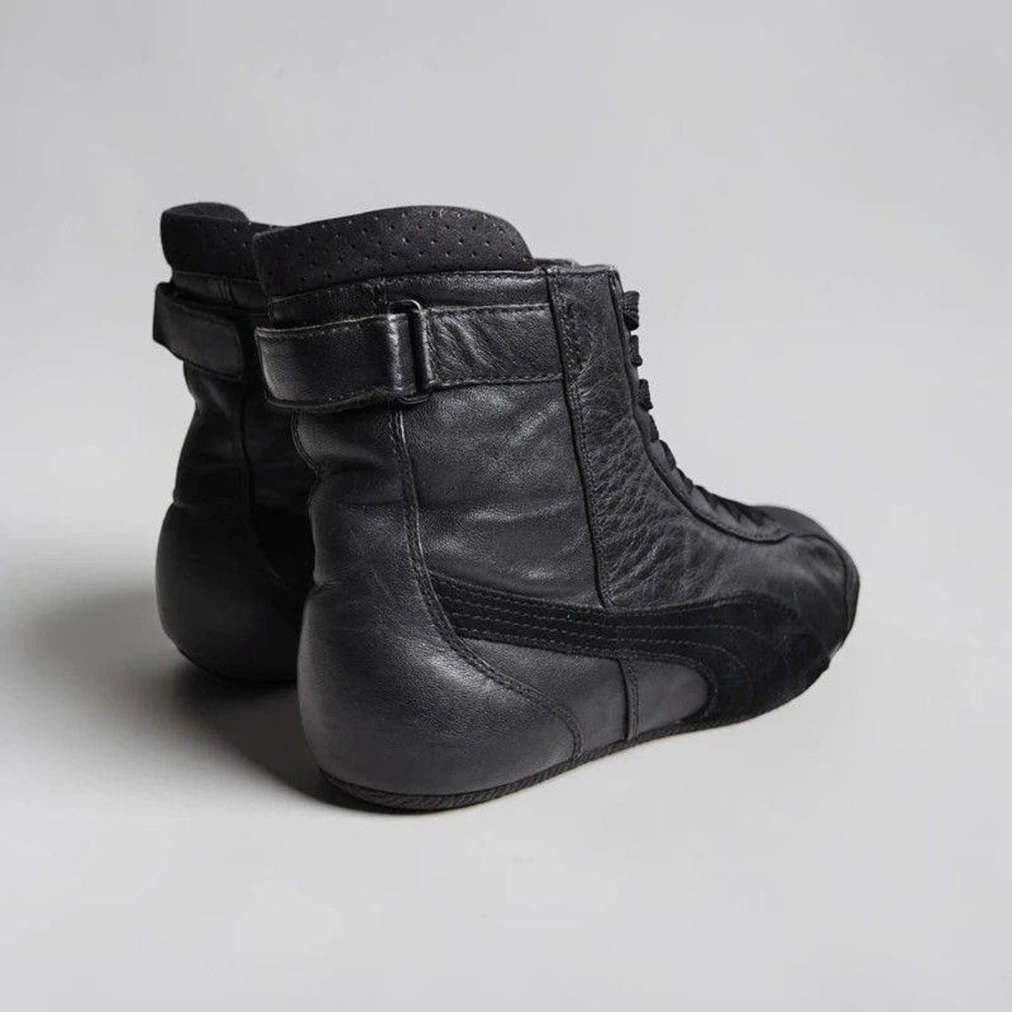Vintage Black Leather Puma Boxing Boots Y2K Hi Top Mid Trainers Sneakers UK 4, foto 2 di 5
