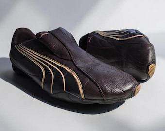 Vintage Brown Leather Puma Slip On Trainers UK 10