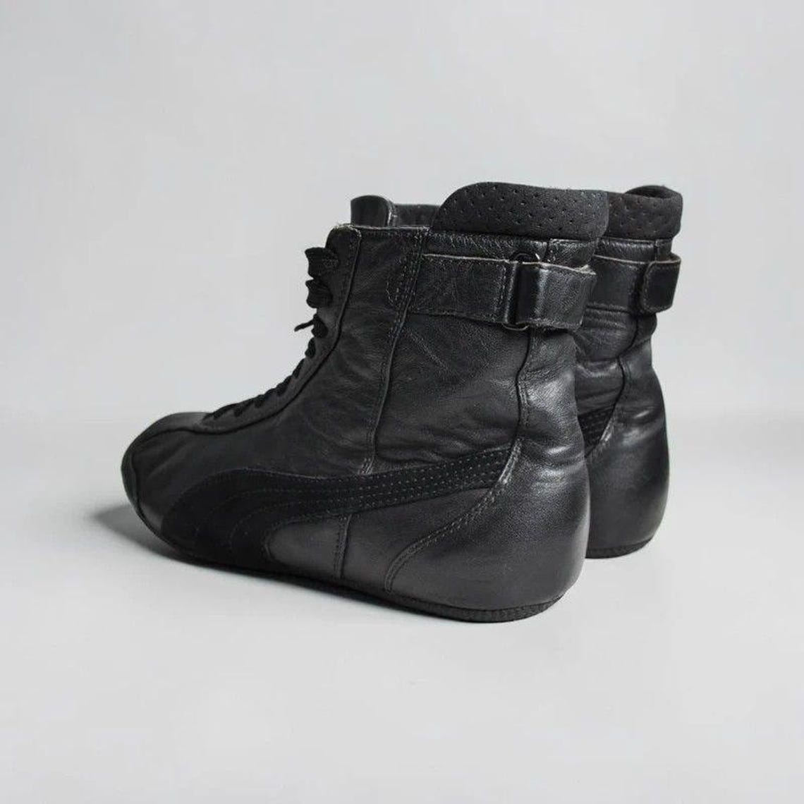 Vintage Black Leather Puma Boxing Boots Y2K Hi Top Mid Trainers Sneakers UK 4, foto 4 di 5