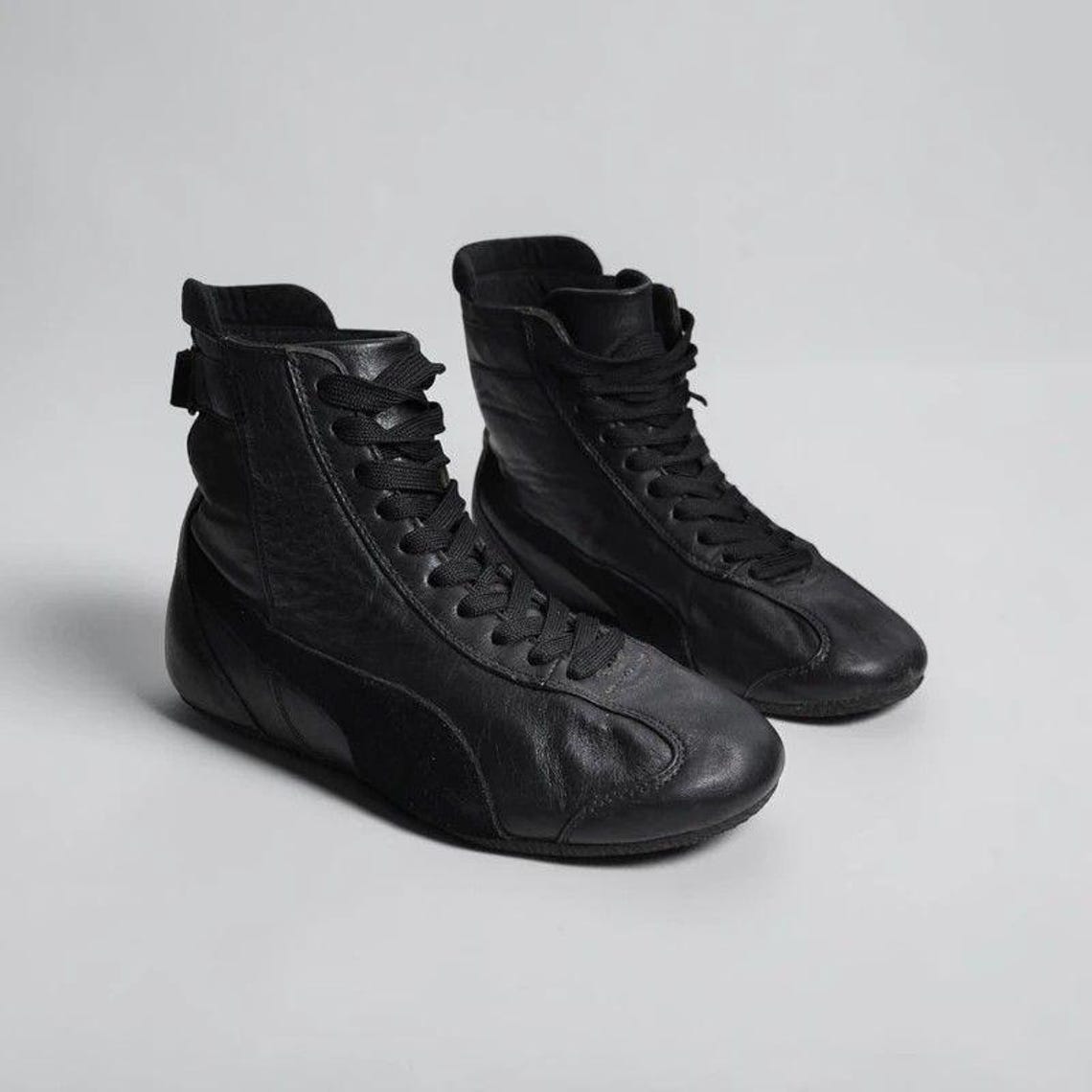 Vintage Black Leather Puma Boxing Boots Y2K Hi Top Mid Trainers Sneakers UK 4, foto 3 di 5