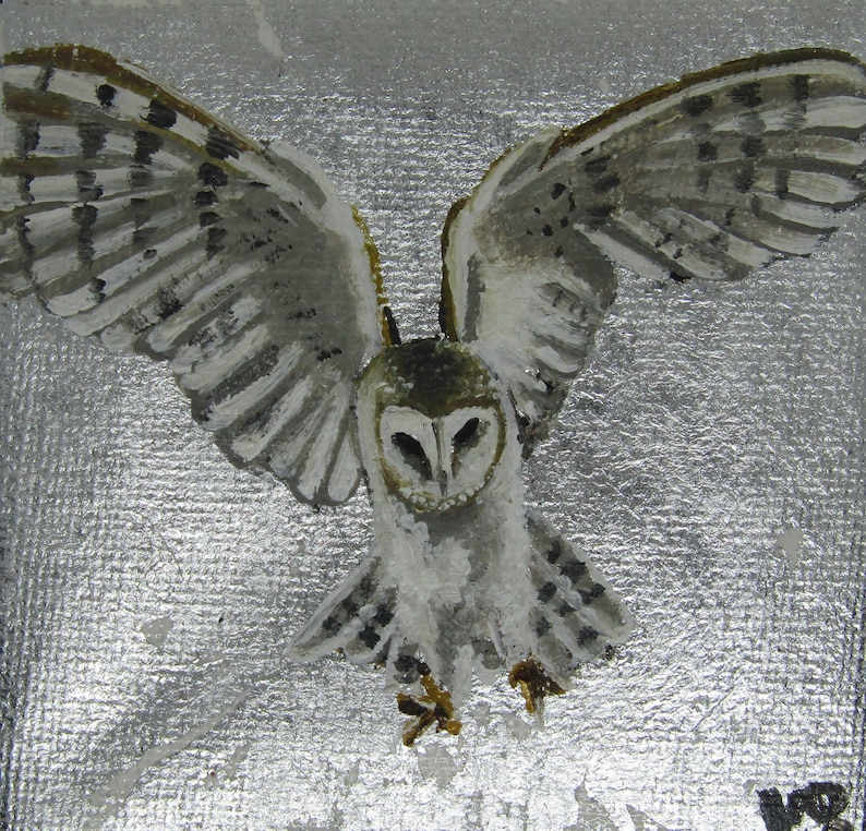 Puede incluir: Un b&uacute;ho blanco de granero con marcas marrones est&aacute; pintado sobre un fondo plateado. El b&uacute;ho est&aacute; en vuelo con las alas extendidas. Los ojos del b&uacute;ho son negros y su pico es amarillo.