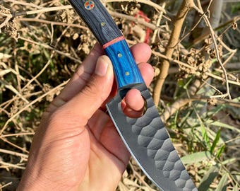 Handmade Full Tang D2 Steel Powder Coated Blade Chef Knife | Hammered Carbon Steel Blade | Camping, BBQ & Kitchen Knife