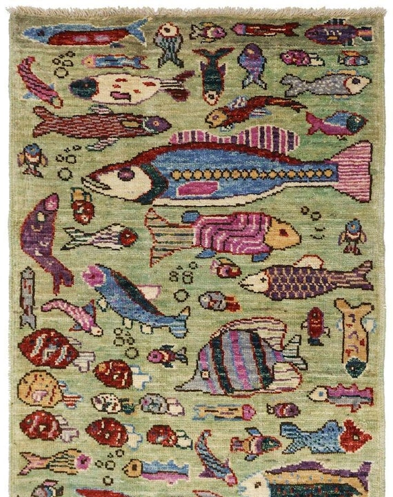 Hand-Knotted Wool Fish Rug, Whimsical Sea Life Carpet, Kids Nautical Nursery Decor
