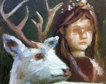 Girl with White Deer - ORIGINAL OIL PAINTING