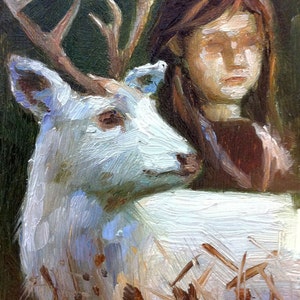 Girl with White Deer ORIGINAL OIL PAINTING image 2