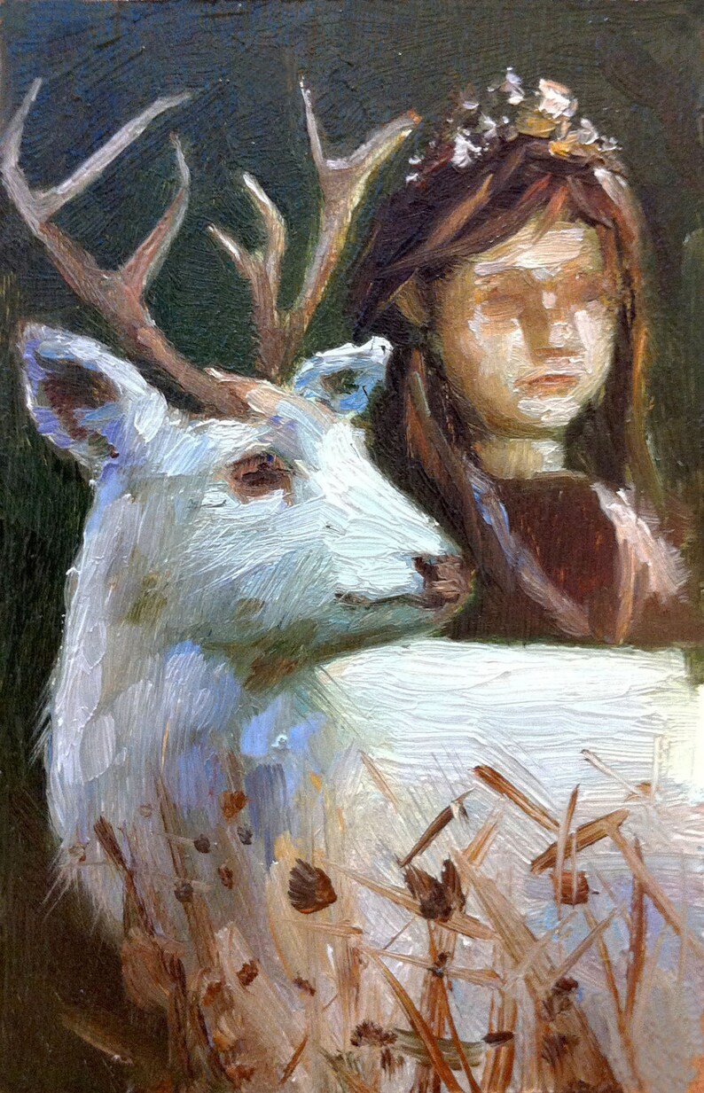 Girl with White Deer ORIGINAL OIL PAINTING image 2
