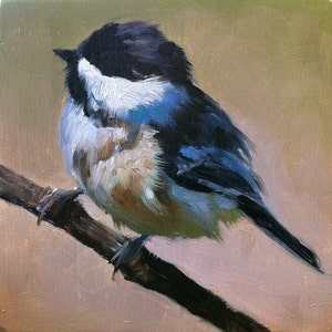 Baby Black-capped Chickadee Bird Painting Open Edition Print of Original Oil Painting image 1