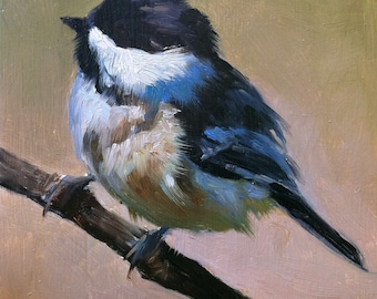 Baby Black-capped Chickadee - Bird Painting - Open Edition Print of Original Oil Painting