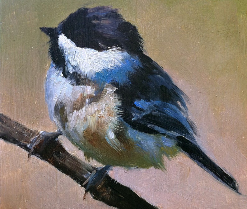 Baby Black-capped Chickadee Bird Painting Open Edition Print of Original Oil Painting image 3