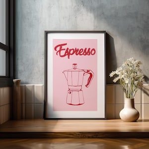 Espresso Pot Illustration on Pink - Vivid Colors Fine Art Print - Eco-Friendly Wall Decor