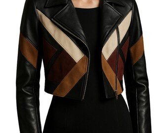 Handmade Patchwork Cowhide Moto Jacket: Cropped Biker Style