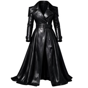 Vrouwen lange trenchcoat zwart echt schapenleer asymmetrische rits riem taille gewatteerd max lengte gestructureerde schouder mode-kleding