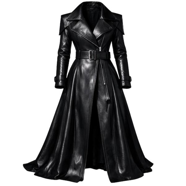 Women's Black Genuine Sheepskin Leather Long Trench Coat Asymmetrical Zip Belted Waist Quilted Maxi Length Structured Shoulder Fashion wear