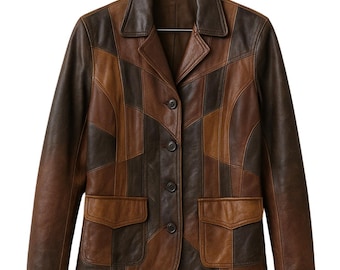 Blazer de cuero con patchwork vintage: abrigo retro de piel de oveja hecho a mano