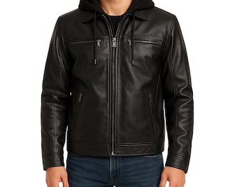 Men's Black Sheepskin Leather Moto Jacket with Hoodie