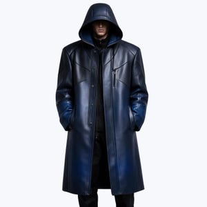 Men's Blue Genuine Sheepskin Leather Hooded Long Coat Minimalist Streetwear Winter Jacket Zip Front Structured Panel Designer Style