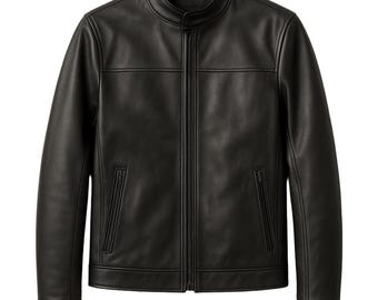 Handmade Sheepskin Leather Cafe Racer Jacket - Slim Fit Biker Coat