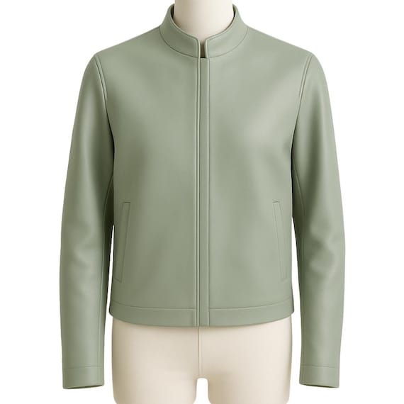 Unisex Green Genuine Sheepskin Leather Minimalist Jacket Stand Collar Zip Front Slim Fit Short Waist Length Modern Fall Winter Outerwear