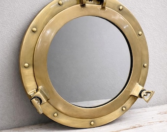 Vigia com acabamento em latão antigo, espelho de parede com janela em formato de vigia náutica com acabamento em latão, decoração marítima para casa, presente | Decoração de parede