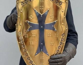 Gold Kreuzritter Schild: Blaues Templerkreuz Mittelalter Rüstung Wandkunst Replik Requisite