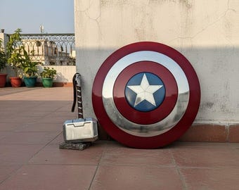 Captain America shield & Mjolnir Hammer Replica: Metal Thor Hammer Prop with Leather Grip