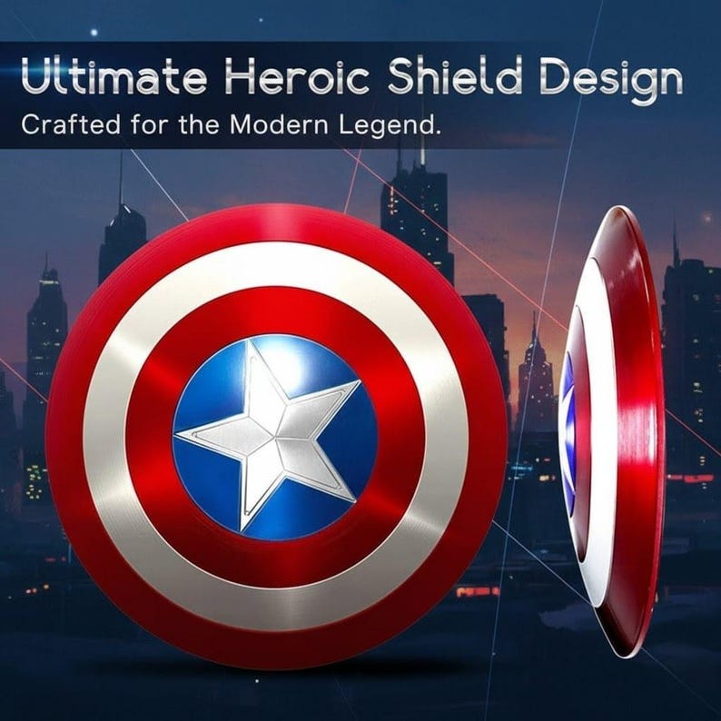 K&ouml;nnte beinhalten: Ein roter, wei&szlig;er und blauer Schild mit einem silbernen Stern in der Mitte. Der Schild hat ein kreisf&ouml;rmiges Design mit metallischem Finish. Der Text "Ultimate Heroic Shield Design" steht oben, darunter "Crafted for the Modern Legend".