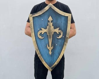 Handgefertigtes Tempelritter Schild aus Holz, blau mit goldenem Kreuz, Mittelalter Cosplay