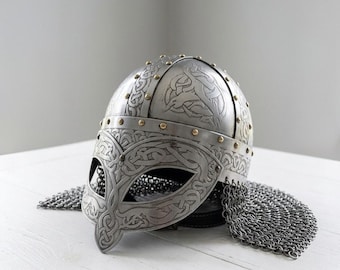 Etched Steel Viking Helmet with Chainmail, Vendel Armor