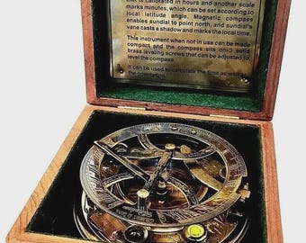 Vintage Messing Sonnenuhr Kompass mit Holzbox - Nautisches Dekor