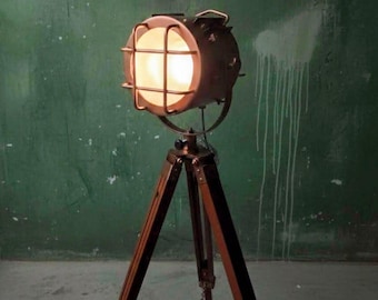 Lámpara de pie con reflector náutico de cobre, trípode de madera ajustable, decoración industrial