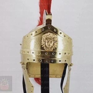 Medieval Knight Helmet, Roman Praetorian Helmet, 18 Gauge Steel Helmet, Red Crest Plume Helmet, Roman Soldier Knight Armor LARP Helmet