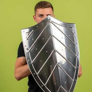 Könnte beinhalten: Ein silberner Schild mit Zickzackmuster. Der Schild hat eine gebogene Form und besteht aus Metall. Er wird vor einer Person vor einem grünen Hintergrund gehalten.
