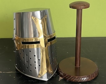 Casco de caballero cruzado templario medieval con soporte de exhibición gratuito, regalo para él