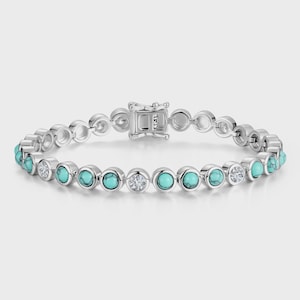 Natural Turquoise Tennis Bracelet, Diamond Silver Bracelet, December Birthstone Bracelet, Gemstone Tennis Bracelet, Women Tennis Bracelet