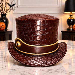 May include: A dark brown top hat featuring a textured crocodile skin pattern. The hat is encircled by a smooth, dark brown band accented with gold-coloured trim and a single circular gold-coloured detail on the side of the hat band.