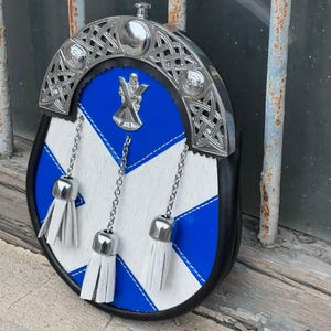 Handmade Scottish Leather Sporran with Blue and White Saltire Design Celtic Cantle and Tassels Gift for Him Highland Kilt Accessory