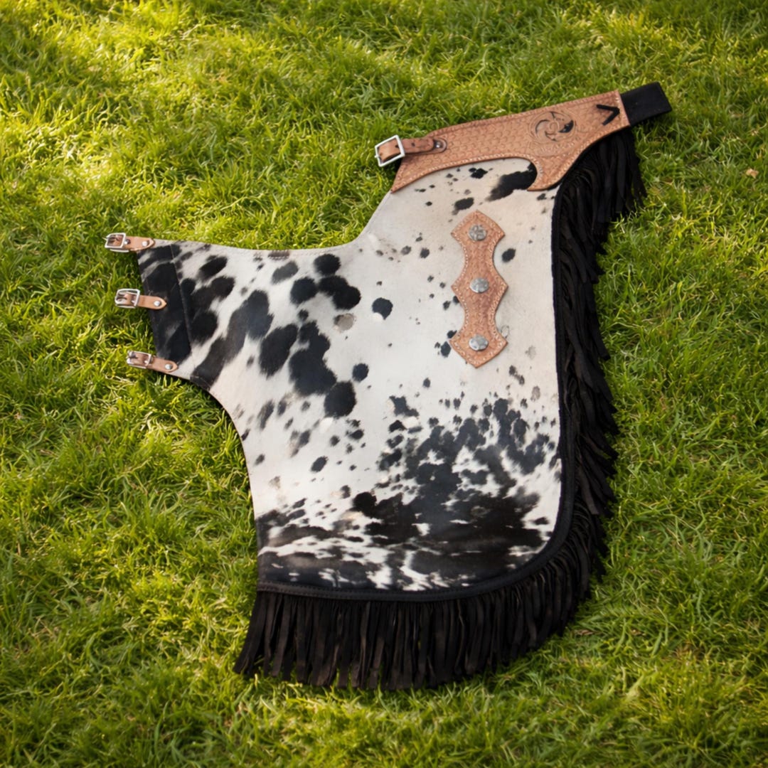 Cowhide Rodeo Chaps Mens Black White Cowhide Leather Chaps Western Cowboy Rodeo Riding Gear ...