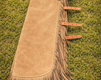 Men's Western Suede Leather Chap Tan Fringe Motorcycle Riding Gear