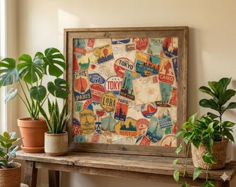 Rompecabezas de pegatinas de viaje vintage - Etiquetas de equipaje de ciudades del mundo retro - Collage de París, Nueva York y Tokio | 125-500 piezas