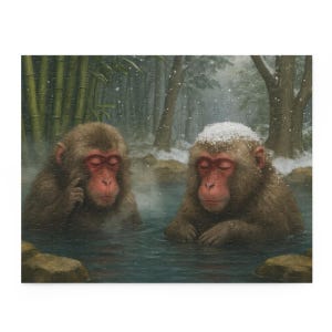 Snow Monkey Hot Spring Puzzle – Serene Japanese Winter Scene with Snowfall
