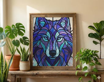 Rompecabezas de lobo con vitrales - Arte mosaico azul y morado - Regalo espiritual para hombres y mujeres | 120-500 piezas